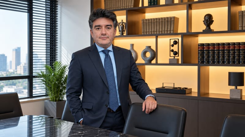 Dr. Leonardo Sidônio em pé no escritório, com a mão apoiada no encosto de uma cadeira