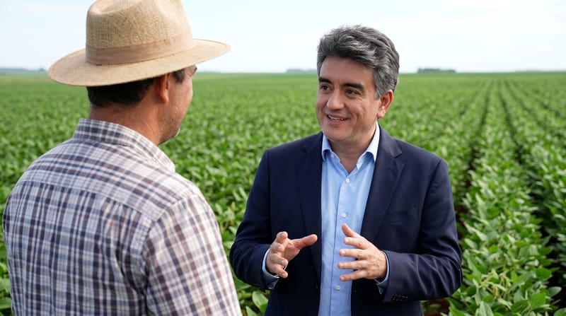 Dr. Leonardo Sidônio conversa com um produtor rural no meio da lavoura de soja