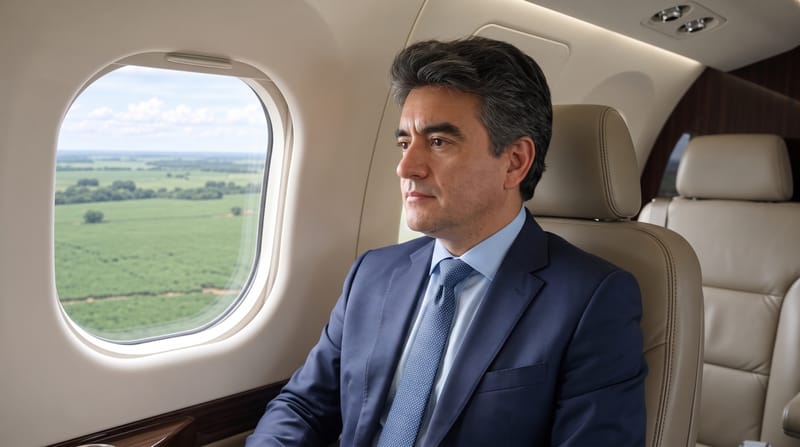 Dr. Leonardo Sidônio a bordo de um avião, com lavouras vistas pela janela