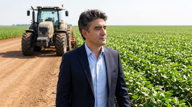 Dr. Leonardo Sidônio à beira de uma lavoura de soja, com um trator ao fundo