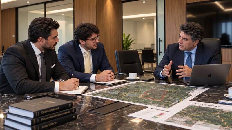 Dr. Leonardo Sidônio em reunião com advogados parceiros, com mapas de uma área embargada sobre a mesa