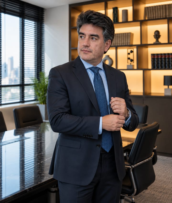 Dr. Leonardo Sidônio em pé no escritório, ajustando o punho da camisa