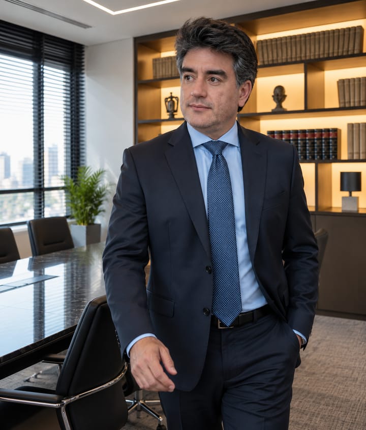 Dr. Leonardo Sidônio caminhando no escritório, com uma das mãos no bolso